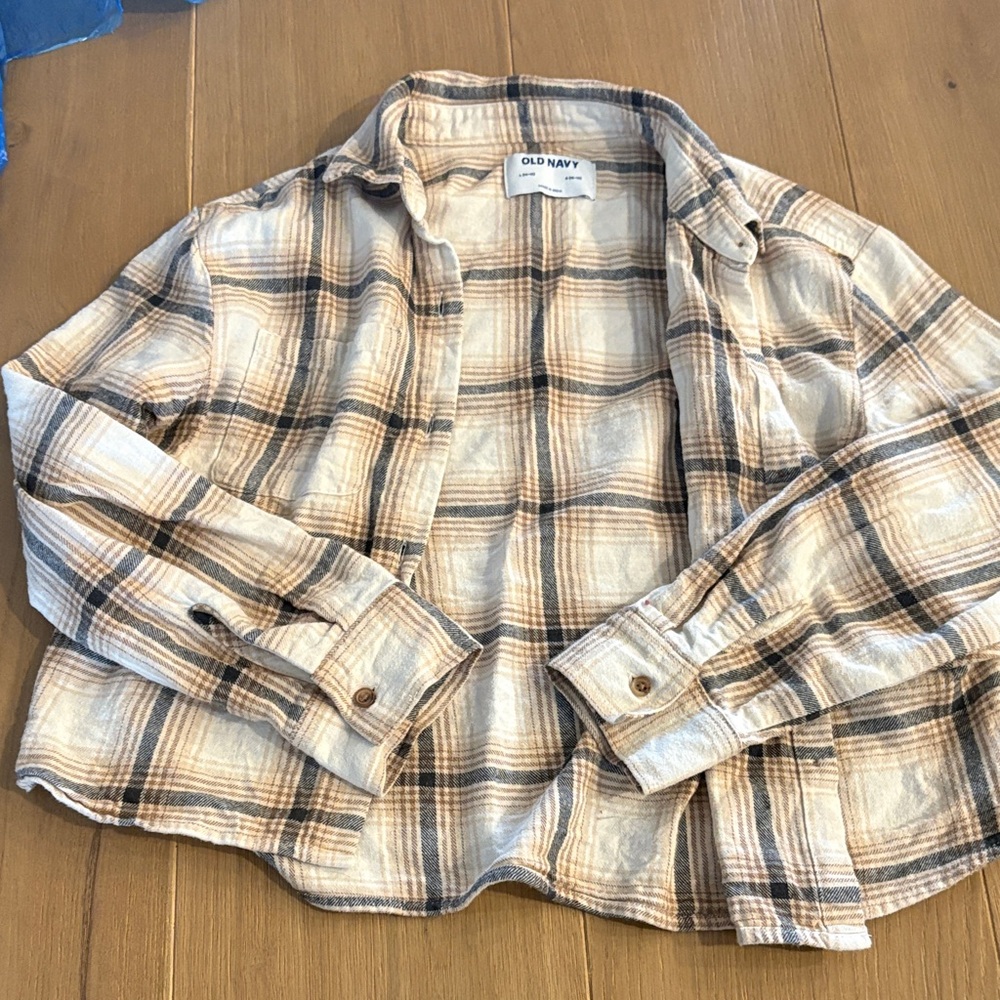 Old Navy Kids Plaid Button Down Shirt - Cream and Brown
